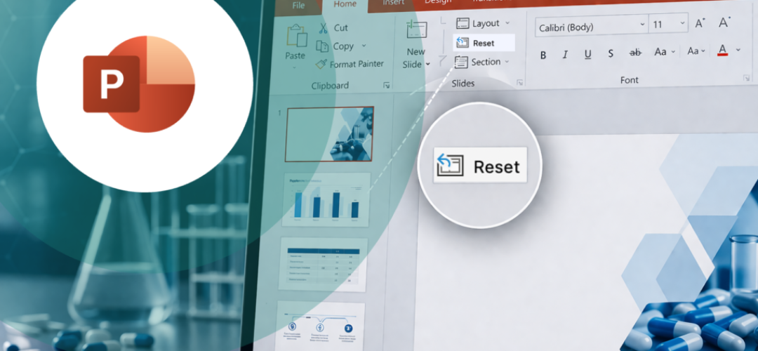 What causes brand drift in pharma research presentations, and how does the PowerPoint Reset button fix it?