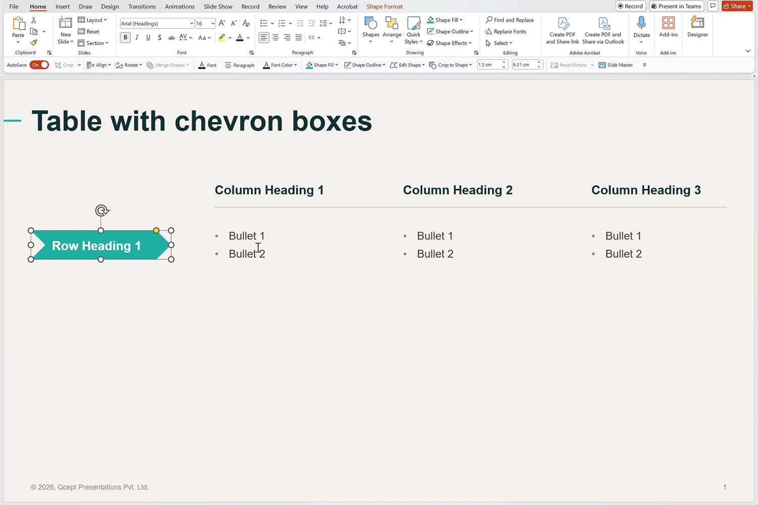 Crop tool location Screenshot showing where to find the Crop tool under Picture Format in PowerPoint, step one of the cropping process.