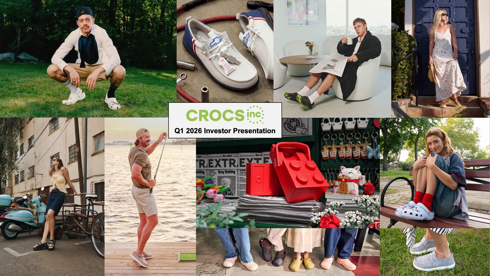 Before Original Crocs Q1 2026 Investor Presentation cover slide using a mosaic grid of ten lifestyle and product campaign photographs filling the full slide, with the Crocs Inc logo and presentation title placed in a small white box centered over the image collage, with no visual hierarchy or breathing room around the text.