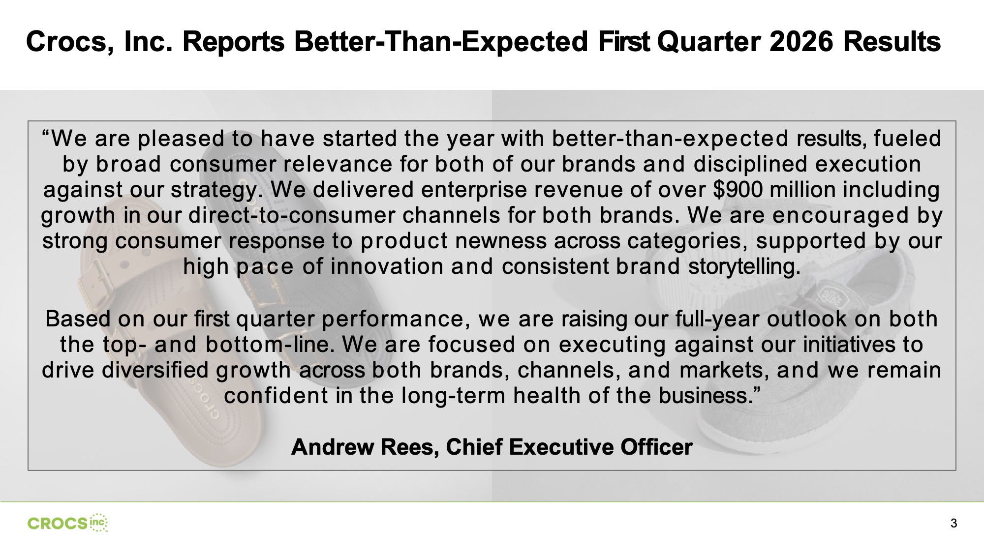 After Redesigned CEO quote slide using a dark full-bleed photograph of a living green plant wall with the Crocs wordmark displayed in large stone-textured letters at the top, a portrait of the CEO placed on the left side of the slide, the quote text and supporting context placed to the right in clean white type on the dark background, and the CEO name highlighted in green with his title beside it.