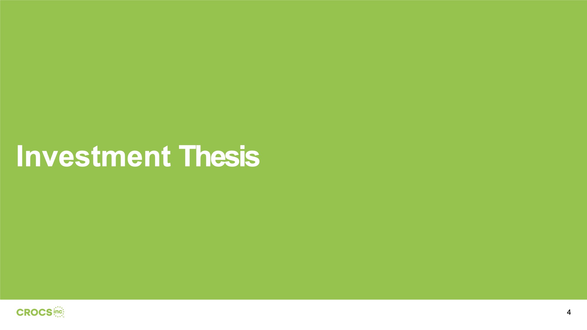 Before Original Investment Thesis section divider using a flat solid lime-green background with the words "Investment Thesis" set in white bold type in the lower-left corner, with no imagery or supporting visual elements.