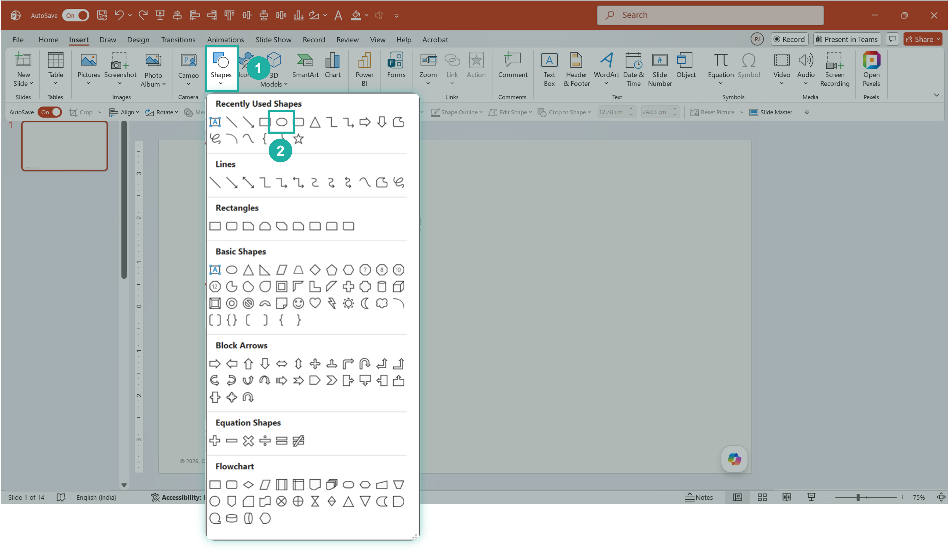 create-shape PowerPoint Insert tab with the Shapes dropdown open, showing the full shape library including Rectangles, Basic Shapes, and Block Arrows, with step callouts numbered 1 and 2 indicating where to click to open the menu and select a shape.