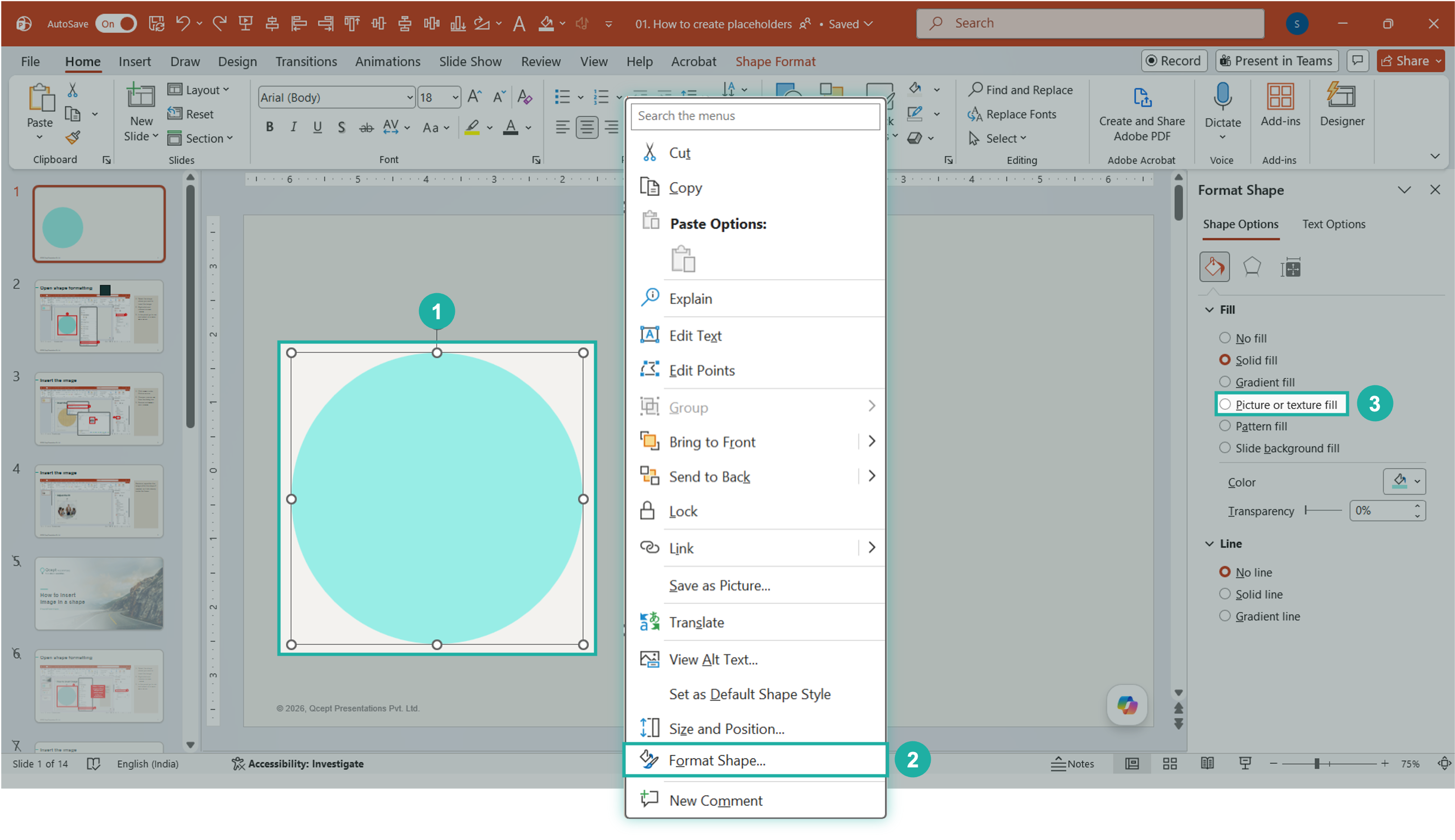 format-shape-in-powerpoint PowerPoint slide with a teal circle shape selected, the right-click context menu open showing Format Shape highlighted, and the Format Shape panel visible on the right with the Picture or texture fill option highlighted under the Fill section, with step callouts numbered 1, 2, and 3.