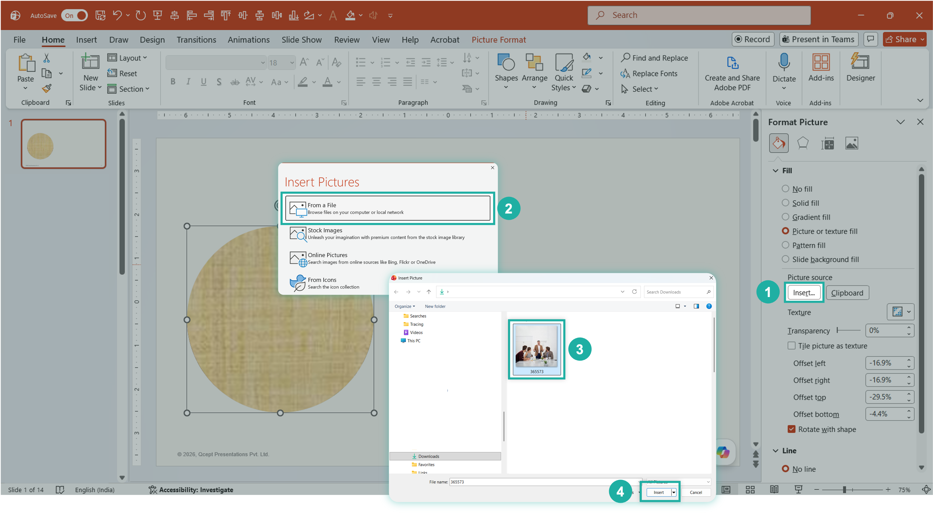 insert-the-image-in-powerpoint PowerPoint Format Picture panel with the Insert Pictures dialog open, showing the From a File option highlighted, a file browser with an image selected, and the Insert button visible, with step callouts numbered 1 through 4 marking each action in sequence.