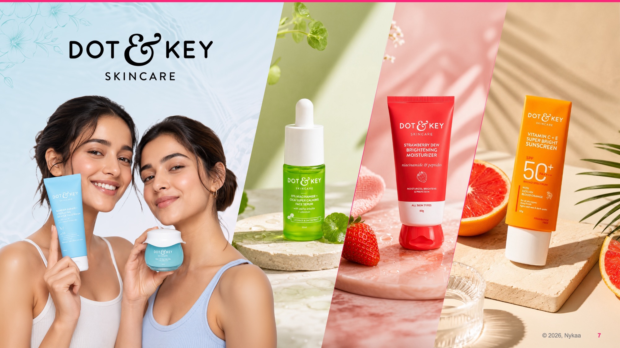 nykaa-dot-and-key-skincare-design-concept-after Dot & Key skincare brand slide Redesigned Dot & Key skincare brand identity slide using a full-bleed horizontal layout split diagonally into three sections: a sky-blue panel on the left featuring two smiling models holding Dot & Key products, a green-toned center panel with a serum product shot on a botanical flat-lay background, and a warm peach-orange right panel with a moisturizer and sunscreen against a citrus fruit setting.