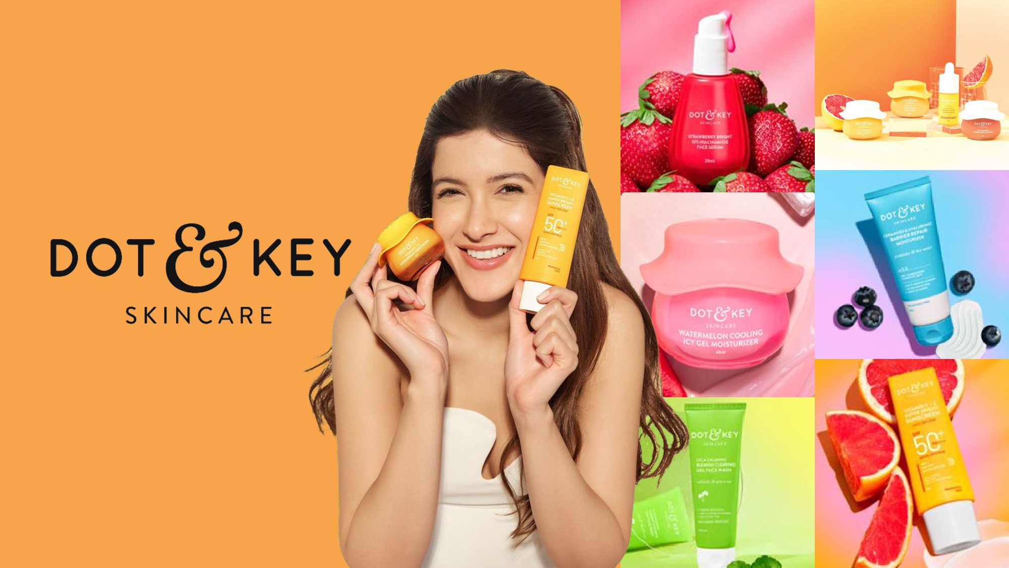 nykaa-dot-and-key-skincare-design-concept-before Dot & Key skincare brand slide Original Dot & Key skincare slide with a white background, brand logo centered at the top in a pink header band, a large campaign photograph inside a rounded rectangular frame on the right, and three stat boxes in a row on the left with a plain two-line description above them, using a flat layout without background gradient or decorative elements.