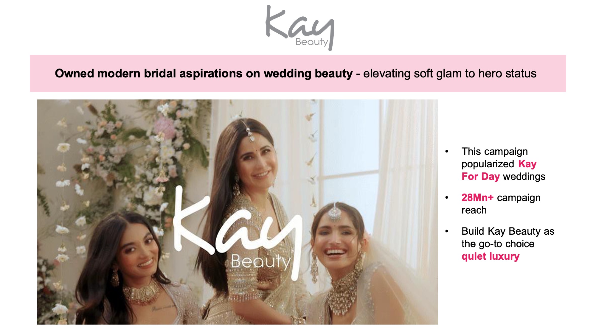 nykaa-kay-modern-bridal-design-concept-before Kay Beauty modern bridal slide Original Kay Beauty bridal slide with a white background, the Kay Beauty logo in grey at the top-center, a pink-highlighted headline band beneath it, a large embedded photograph of the bridal campaign taking up the left two-thirds, and a three-point bulleted list on the right in a simple text-only treatment.
