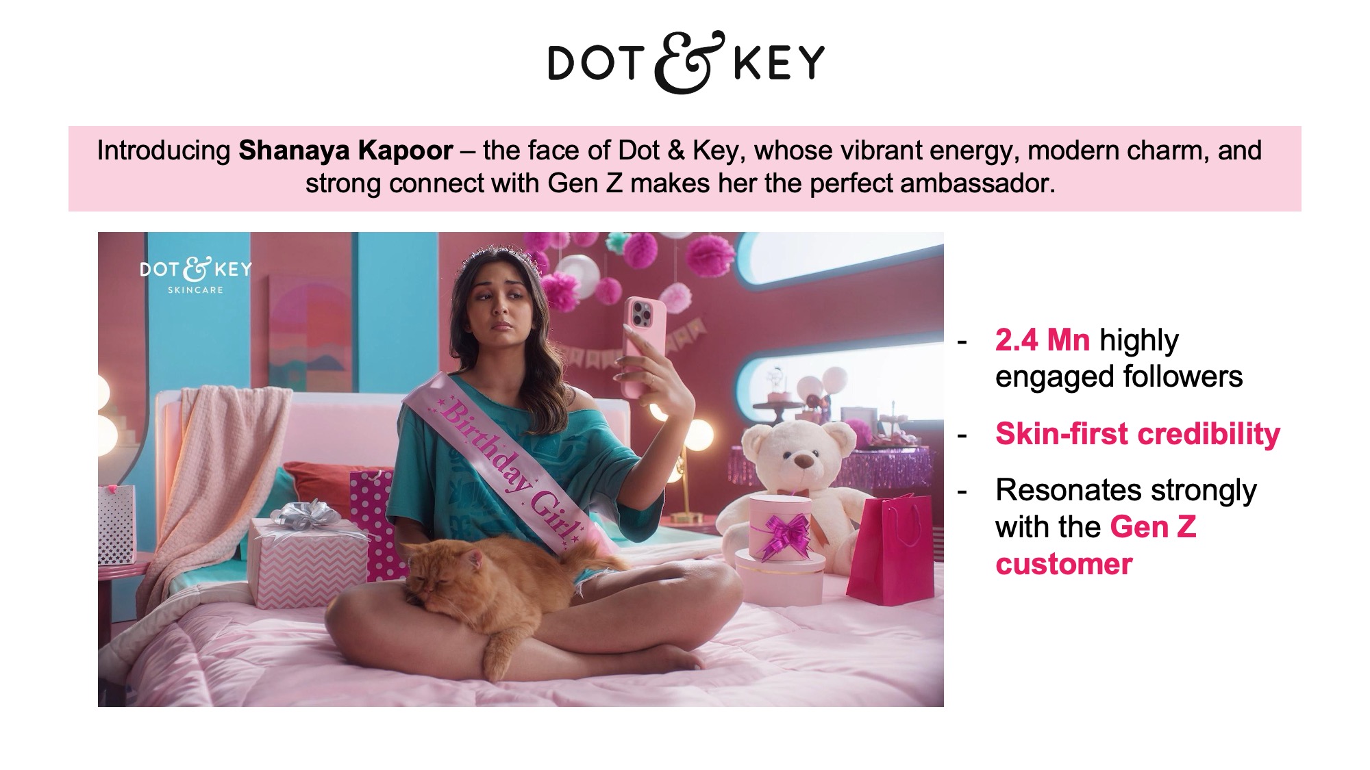 nykaa-shanaya-kapoor-design-concept-before Shanaya Kapoor ambassador slide Original Dot & Key Shanaya Kapoor ambassador slide with a white background, brand logo centered at the top in a pink header band, a large campaign photograph inside a rounded rectangular frame on the right, and three stat boxes in a row on the left with a plain two-line description above them, in a flat layout without gradient or decorative elements.