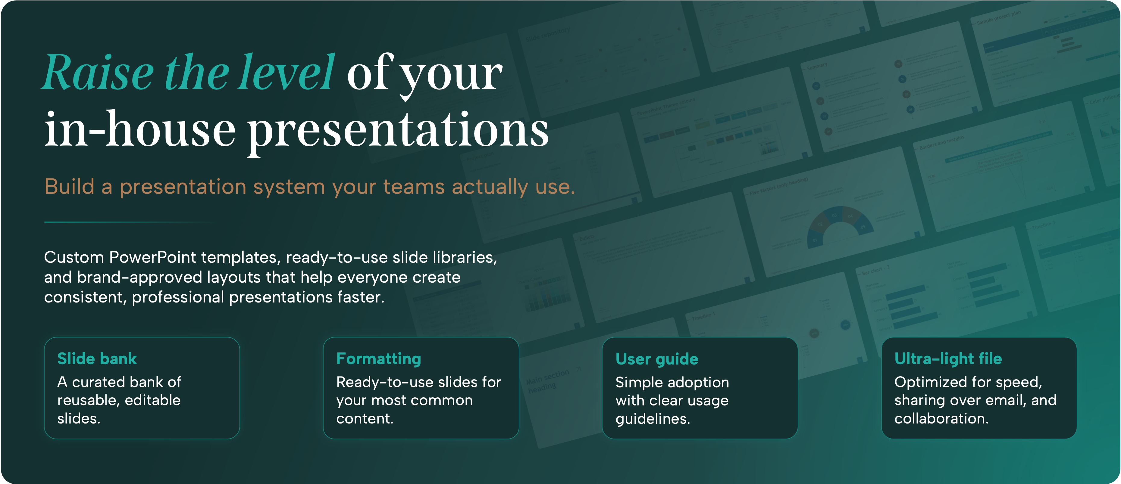 Custom PowerPoint template service banner from Qcept Presentations with the headline "Raise the level of your in-house presentations" and a subhead reading "Build a presentation system your teams actually use." Faded angled slide thumbnails fill the background, and four feature cards along the bottom describe a slide bank of reusable editable slides, ready-to-use formatting for common content, a user guide for adoption, and an ultra-light file optimized for sharing.
