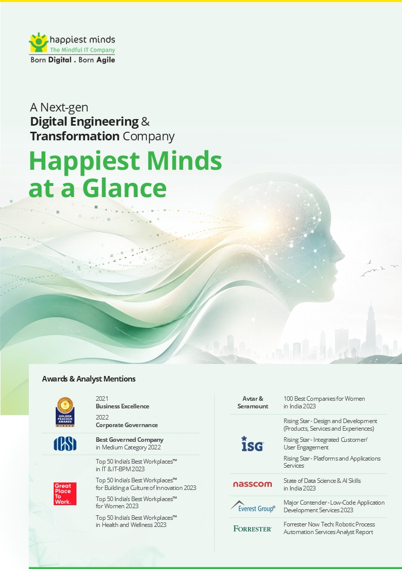 Redesigned Happiest Minds corporate brochure cover with a cleaner title hierarchy, softer brand-led visuals, more whitespace, and a structured awards and analyst mentions section.