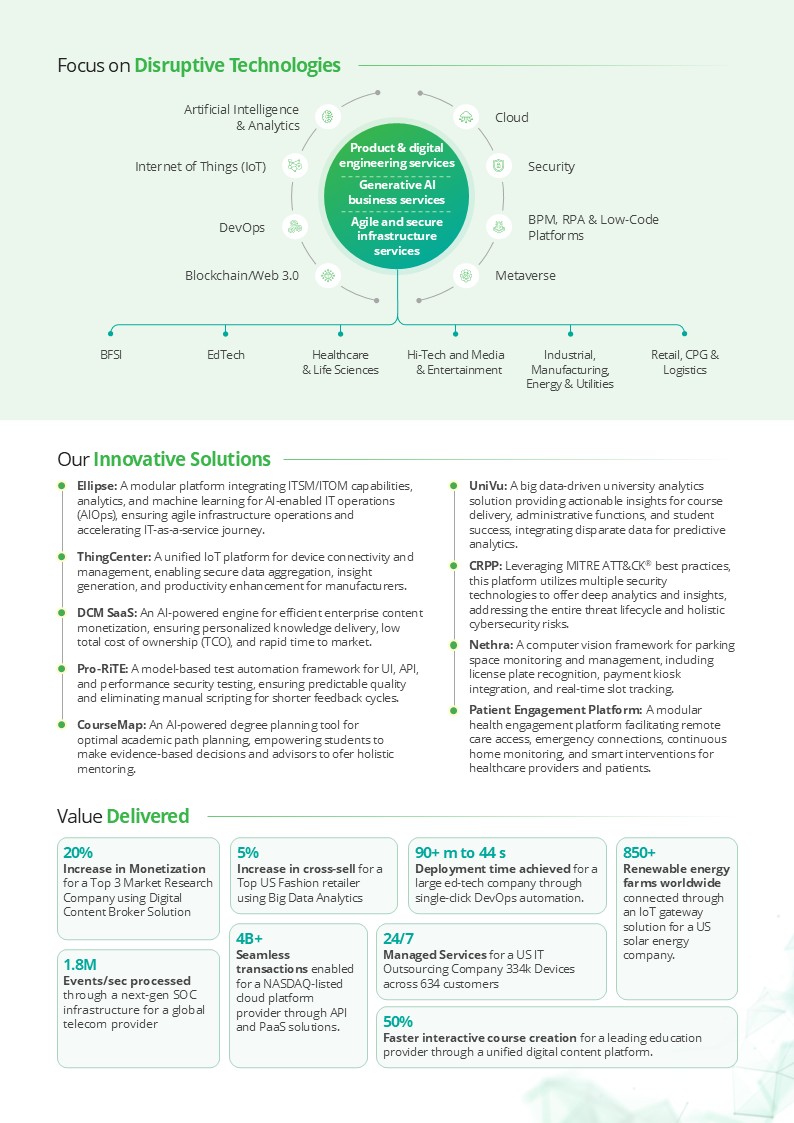 Redesigned brochure page using a simplified technology diagram, clearly grouped industry sectors, two-column solution content, and structured metric cards for key business outcomes.