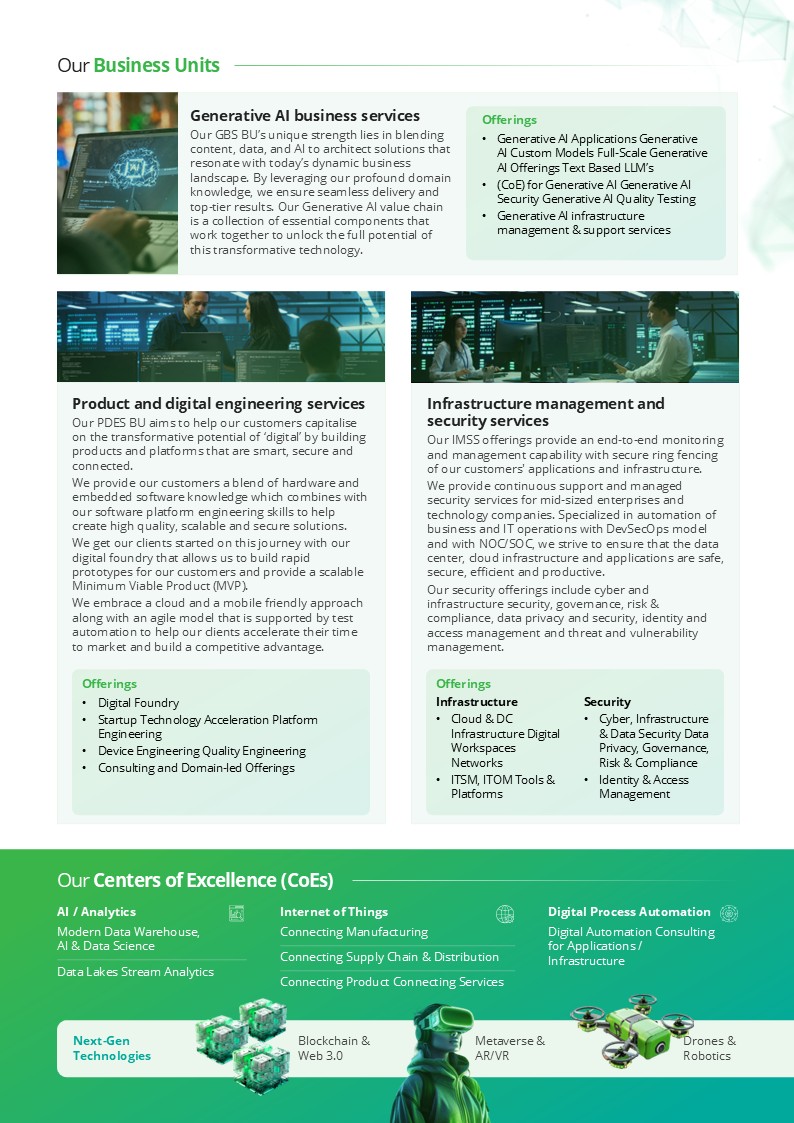Redesigned business units page using distinct content sections, supporting imagery, clearer service offerings, and a structured visual treatment for Centres of Excellence and next-generation technologies.