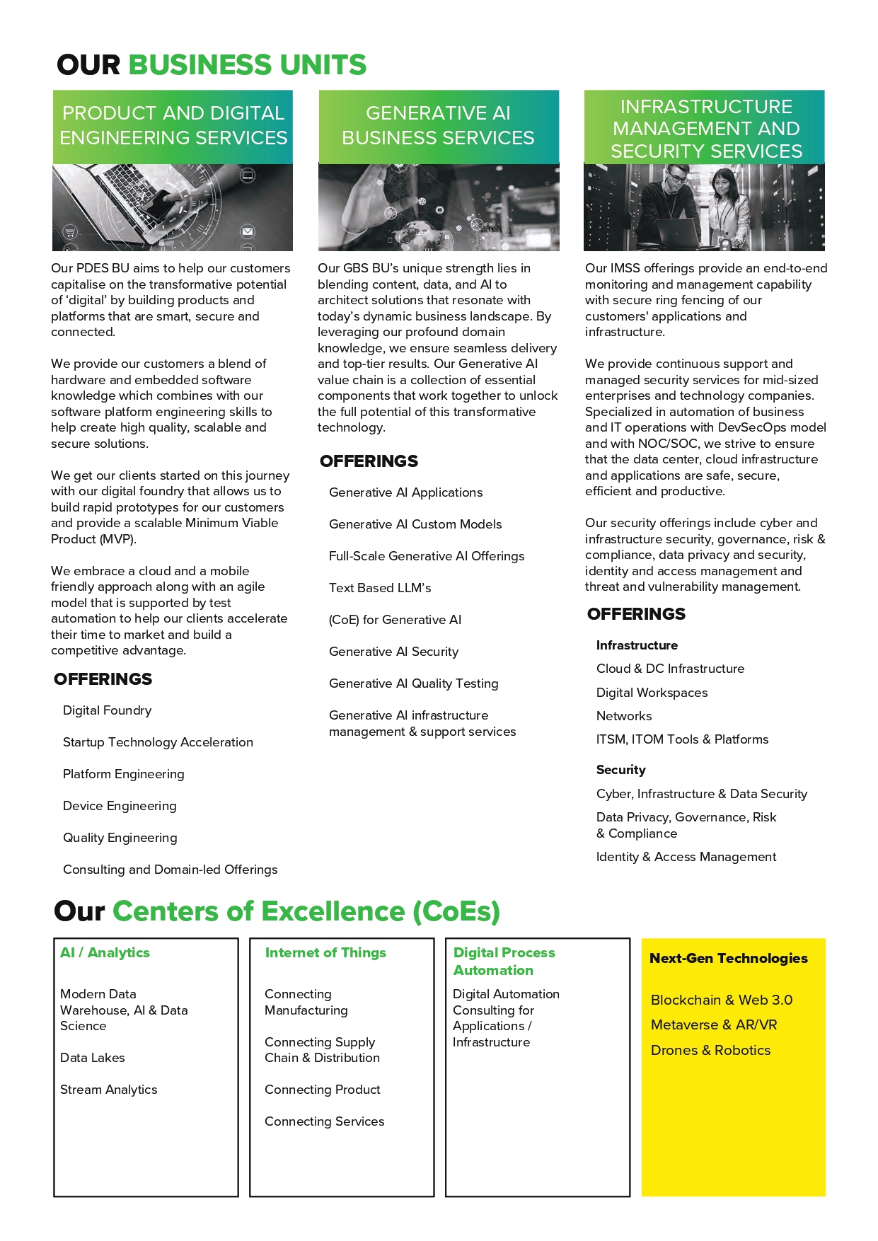 Original Happiest Minds business units page with three text-heavy columns covering product engineering, generative AI, infrastructure services, offerings, and Centres of Excellence.