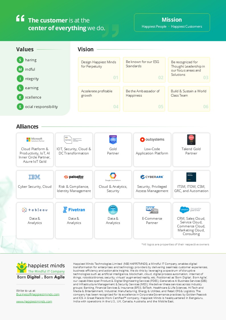 Redesigned brochure page presenting the company’s mission, values, vision, alliances, contact details, and corporate profile through a cleaner hierarchy and consistent grid-based layout.