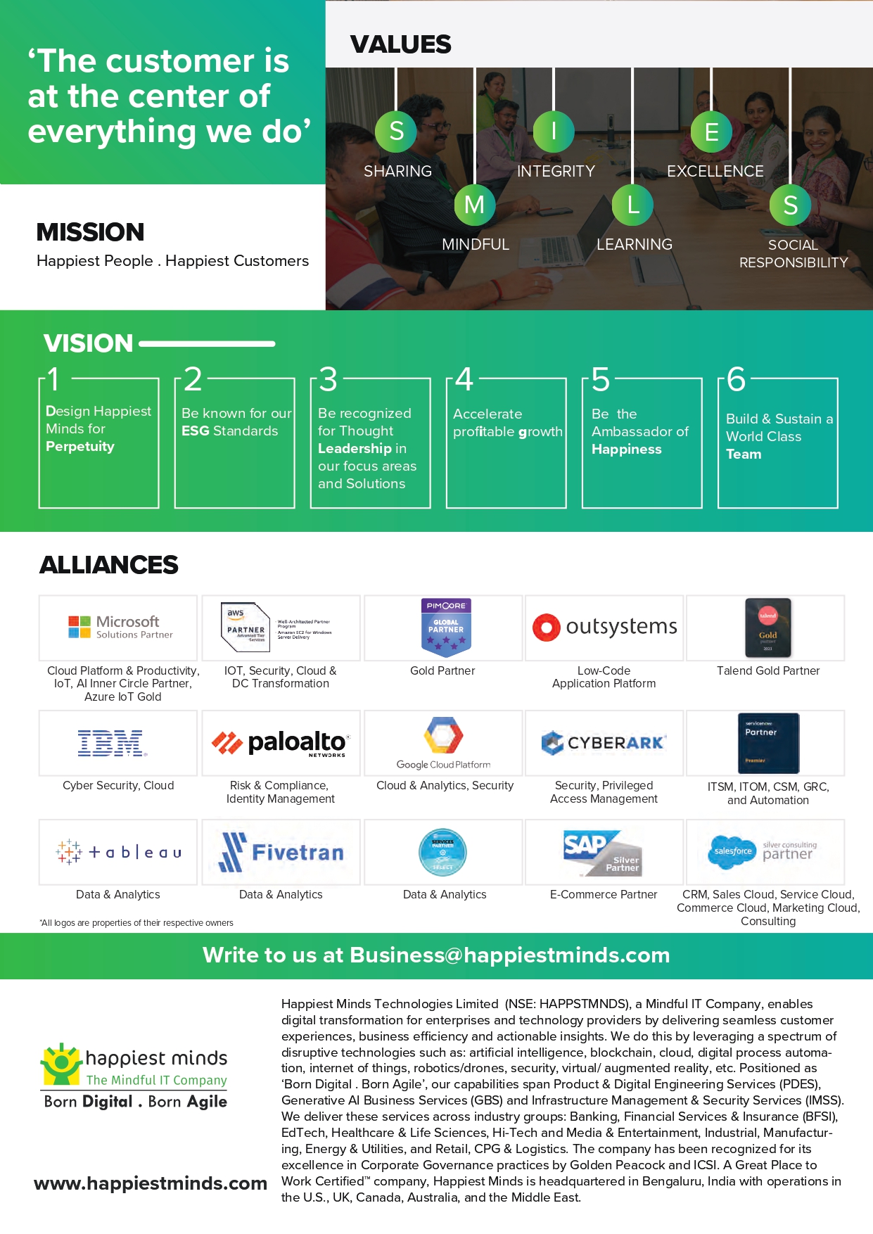 Original brochure page combining the company’s mission, values, vision statements, alliance logos, contact details, and corporate profile in a crowded and visually inconsistent layout.