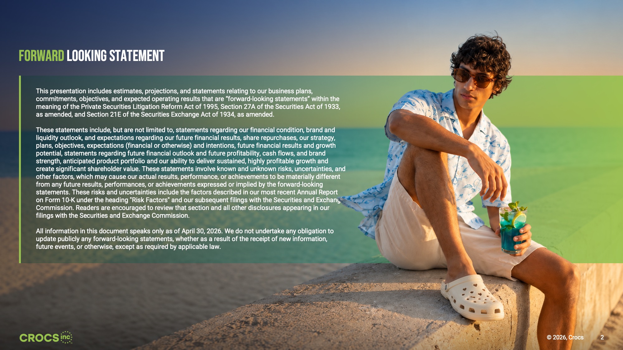 After Redesigned Forward Looking Statement slide using a full-bleed lifestyle photograph of a young man wearing Crocs sitting on a concrete ledge at sunset, with a dark semi-transparent green overlay on the left half of the slide, the slide title set in large white type with the word "Forward" in green at the top left, the disclaimer text laid out in two paragraphs in white on the dark overlay with a thin green left-border rule, and the Crocs Inc logo at the bottom left.