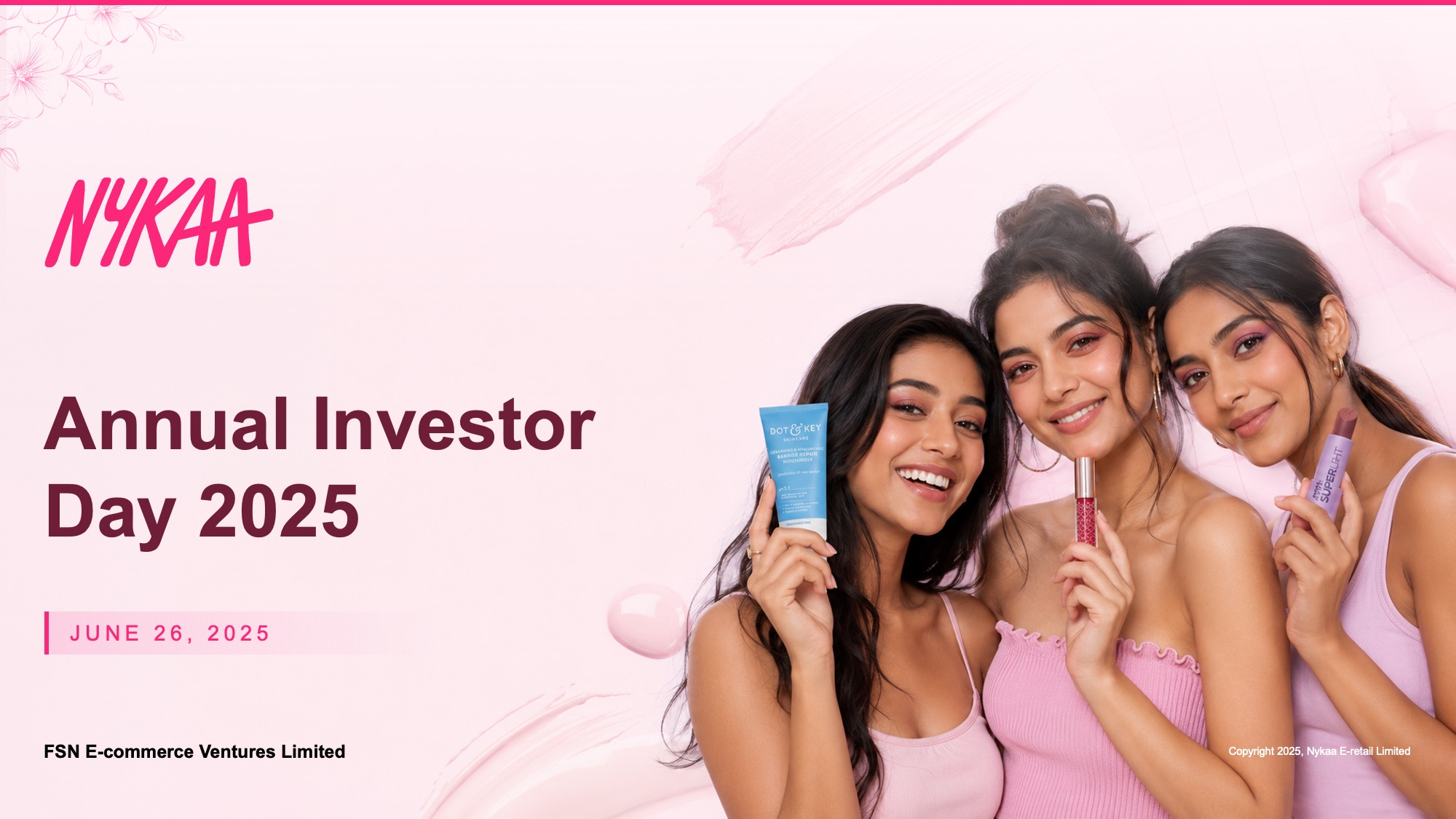Cover slide Redesigned Nykaa Annual Investor Day 2025 cover slide using a diagonal split layout with two overlapping campaign model photographs on a warm pink-to-cream gradient background, with the Nykaa logo, event title, date, and FSN E-Commerce Ventures credit placed cleanly on the left half.