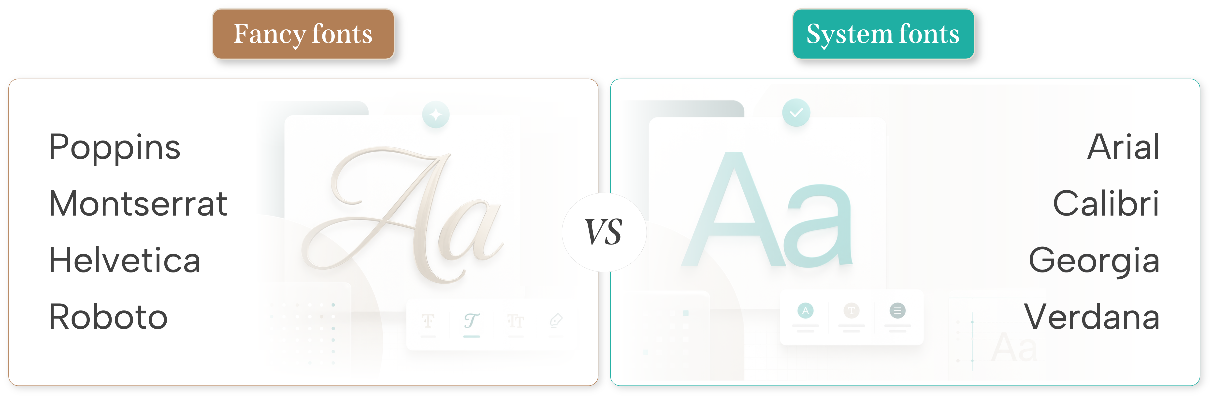 fancy-fonts-vs-system-fonts-in-powerpoint-examples "Why fonts become a brand problem" section Side-by-side comparison graphic showing a slide built in a fancy custom font next to the same slide rendered in a system font, illustrating how text wrapping, spacing, and alignment shift when the custom font is missing on another device.
