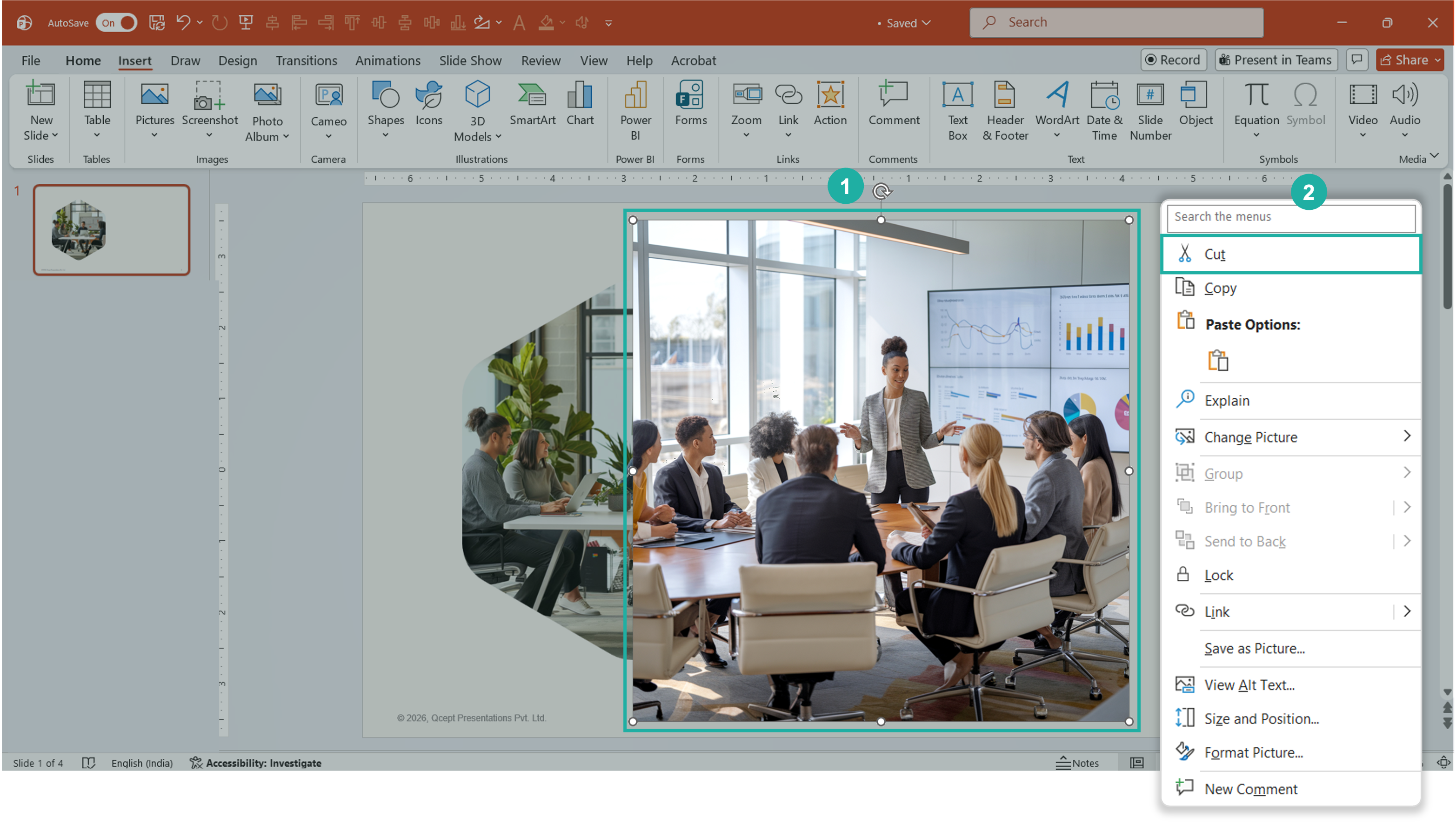 how-to-change-images-using-clipboard-in-powerpoint-step1 Copy image Right-click menu on a pasted image on a PowerPoint slide, with Cut highlighted at the top of the menu and Copy selected below it, showing the two clipboard actions available before cutting the image.