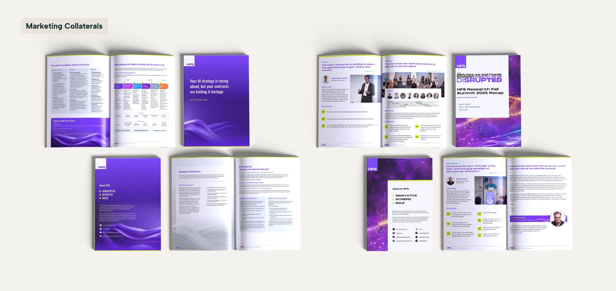 Mockup of HFS Research marketing collaterals designed by Qcept, showing case study sheets, event recap materials, and About HFS brochure pages