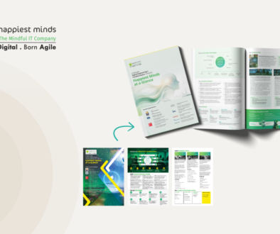 Before-and-after corporate brochure redesign for Happiest Minds, showing the original pages alongside the redesigned brochure cover and spreads.