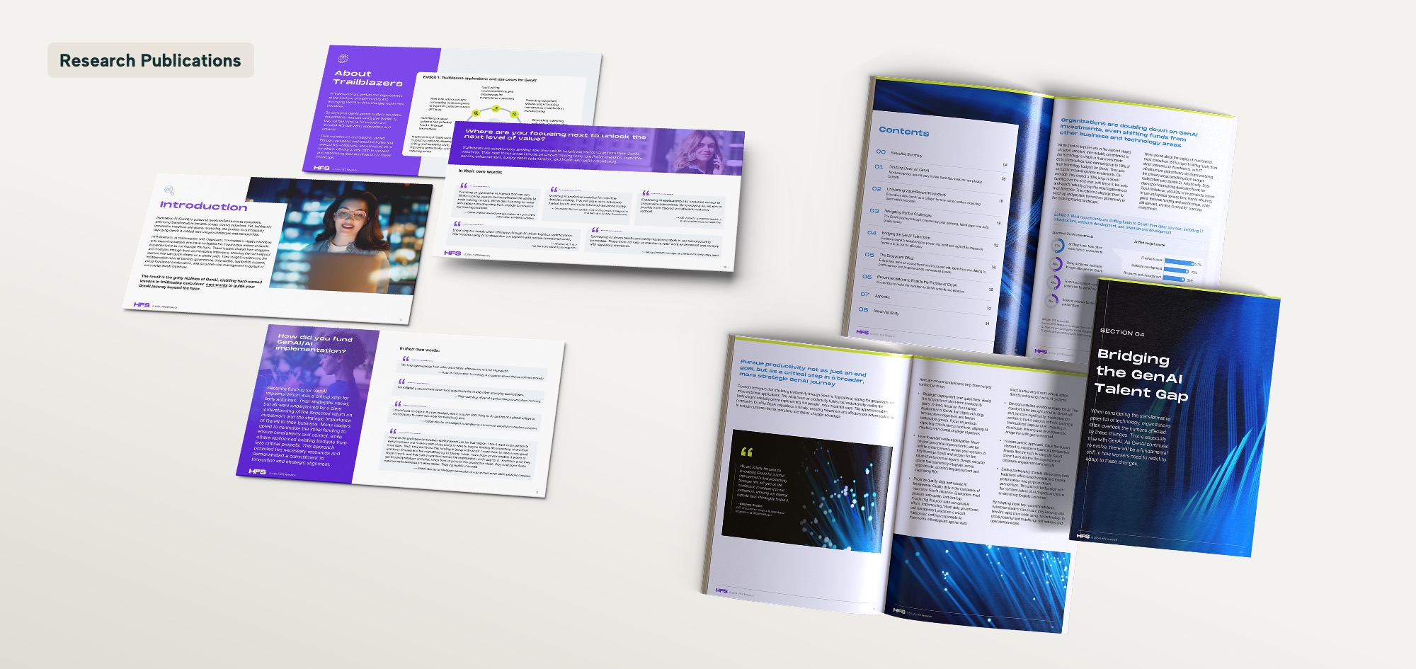 Mockup of HFS Research publication pages designed by Qcept, showing report covers, contents, and section spreads for GenAI research
