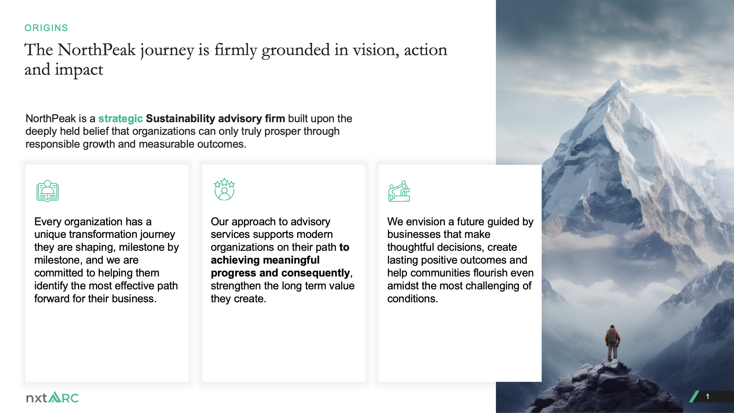 01. origins-the-northpeak-journey-after Redesigned nxtARC origins slide with three structured content cards and a mountain visual representing ambition, direction, and progress.