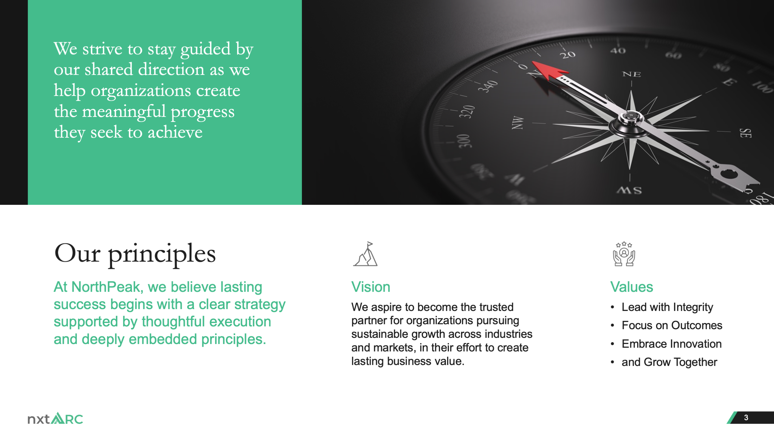03.our-principles-after Redesigned nxtARC principles slide with a compass-led visual section and clearly separated vision and values content below.