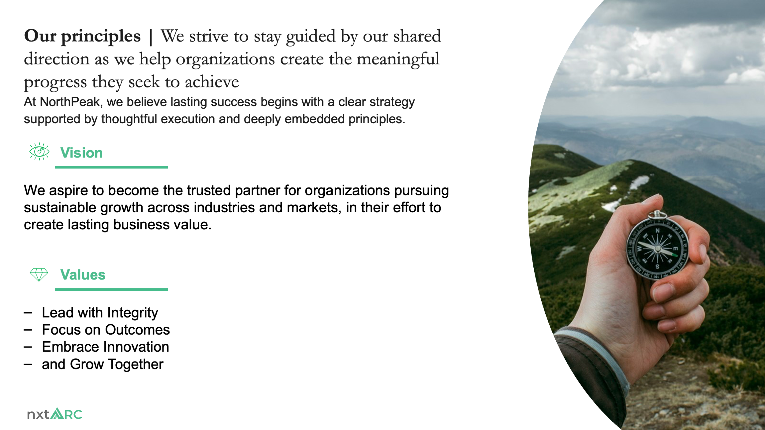 03.our-principles-before Before redesign of the nxtARC principles slide, presenting the company vision and values beside a circular photograph of a hand holding a compass.