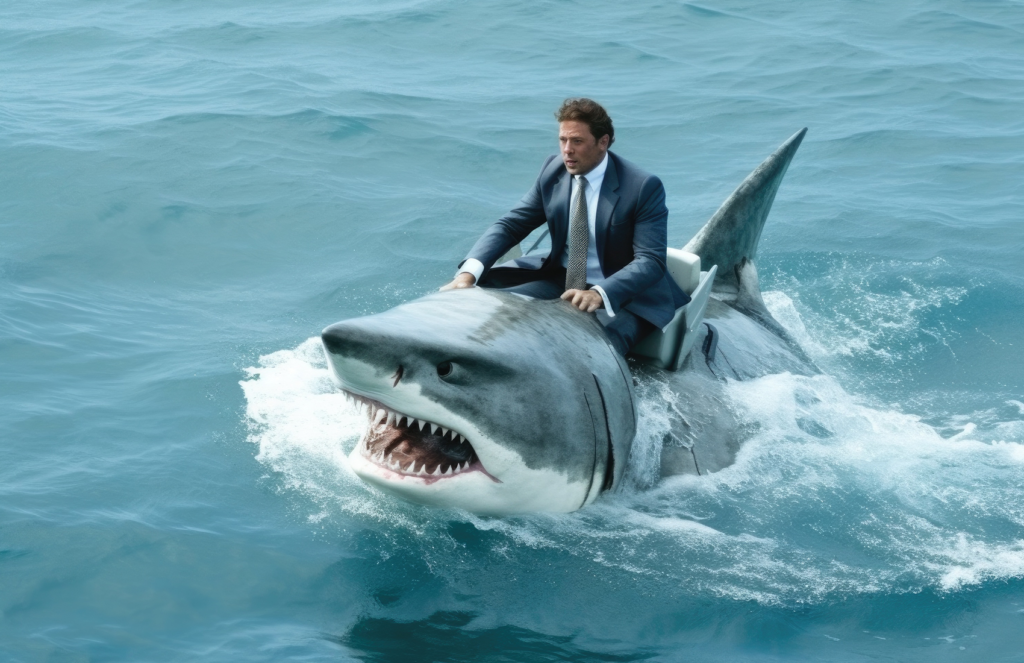 Businessman in a suit riding a shark in the ocean – representing the high-stakes nature of creating compelling C-level presentations with Qcept Presentations' strategic approach.