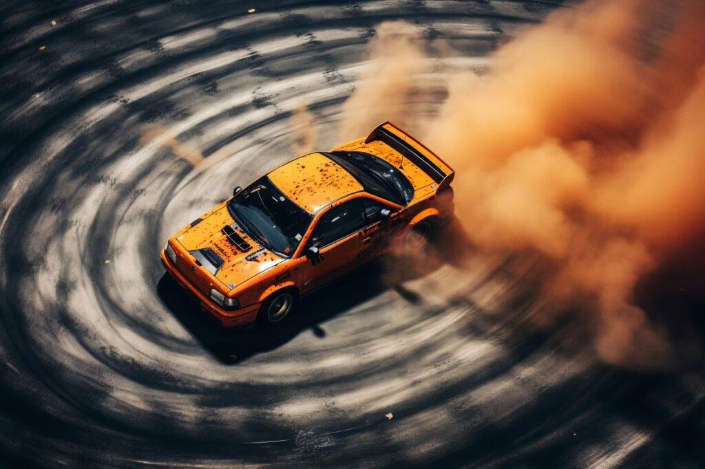 Orange car drifting in a circle symbolizing the power of storytelling to turbocharge investor pitch decks.