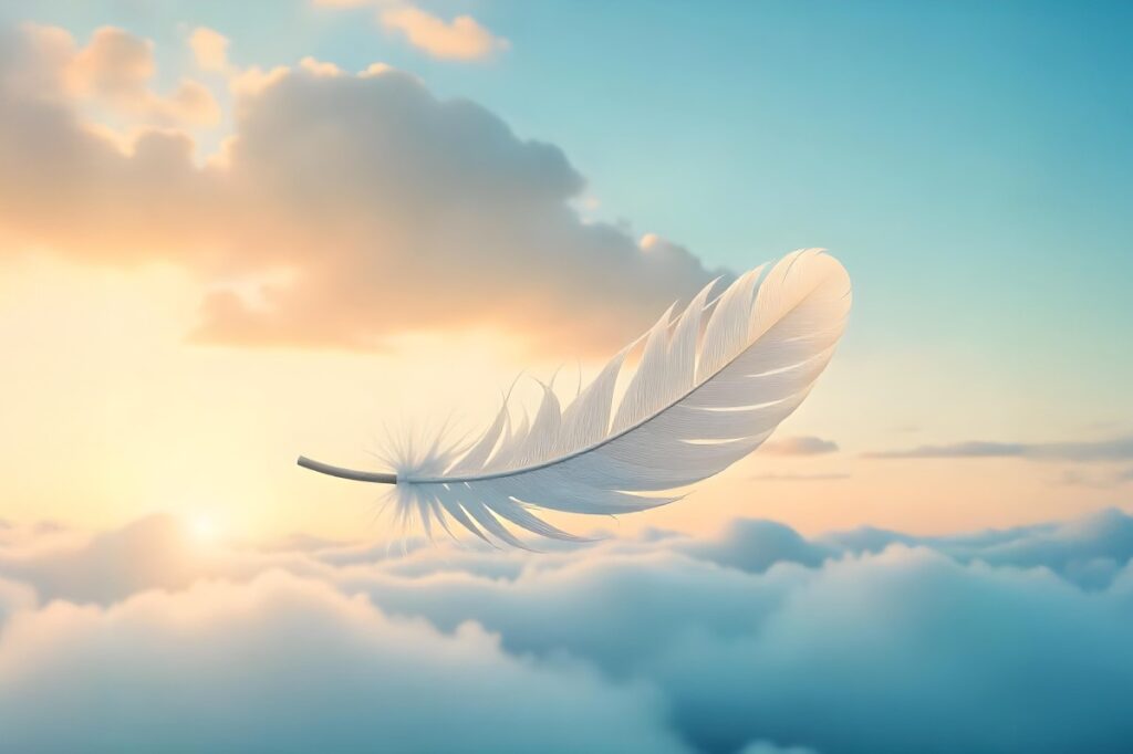 Close-up of a lightweight feather floating on a soft background, representing ease and simplicity in presentation file management