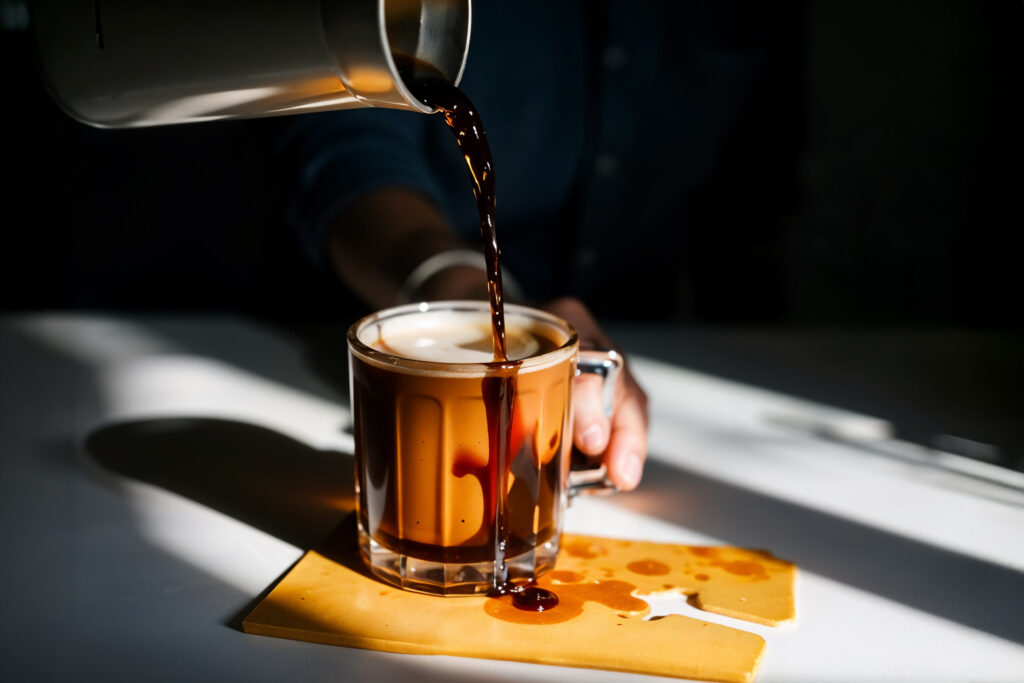 Coffee being poured into a glass mug on a table, symbolizing mistake and how to fix them for consulting presentations.